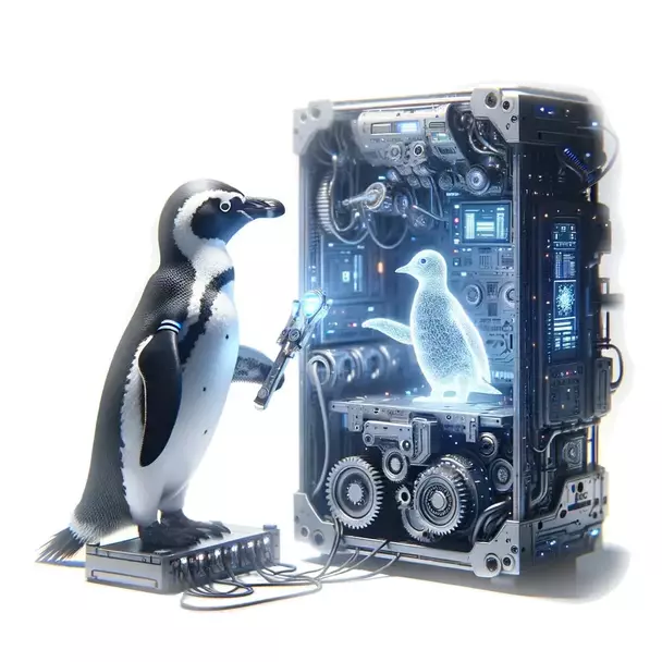 Ein Pinguin arbeitet an einem Computer und wird von einem KI-Pinguin unterstützt