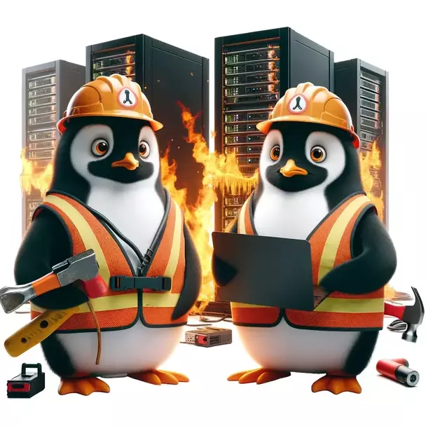 Two penguins are standing behind a burning server rack