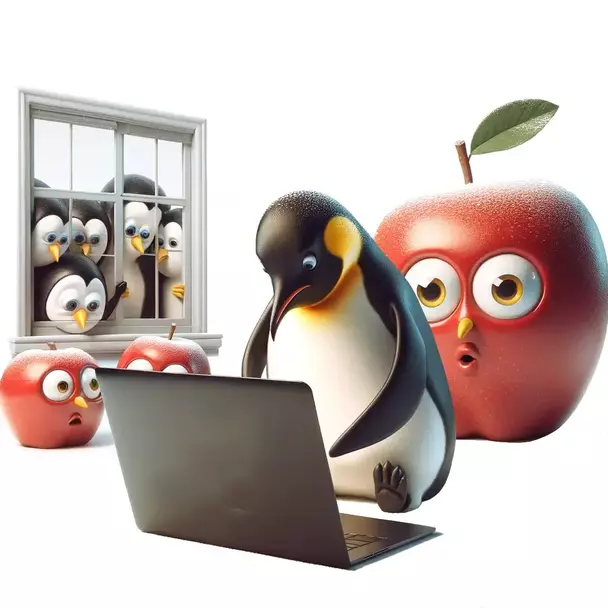 Ein Pinguin benutzt Linux auf seinem Laptop und wird von Äpfeln und Fenstern bewundert