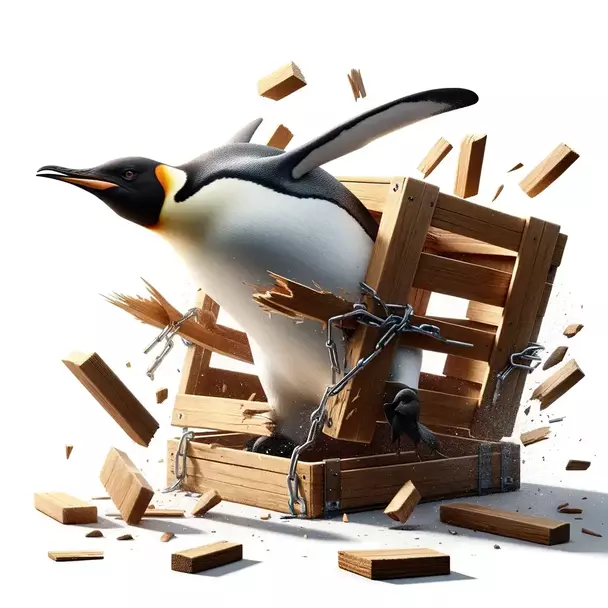 Ein Pinguin bricht aus einer Kiste aus