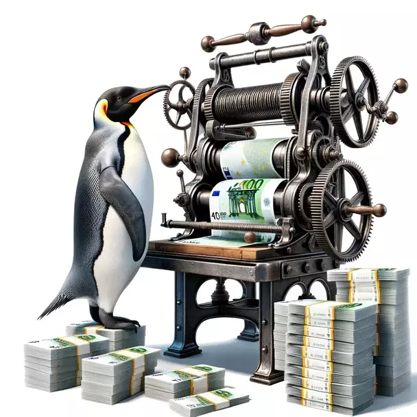 Ein Pinguin druckt Geld