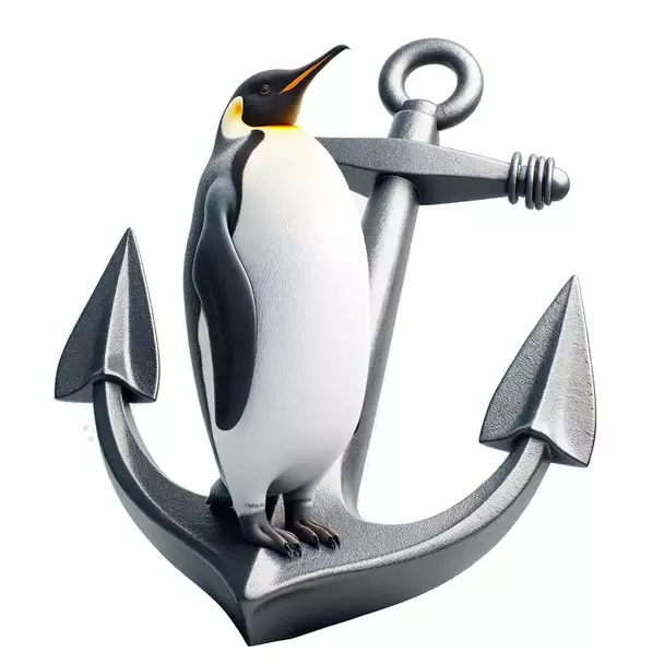 A penguin is standing on a anchor