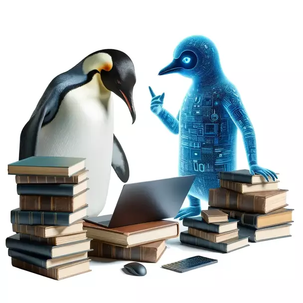 A penguin is studying and being tought by an AI penguin