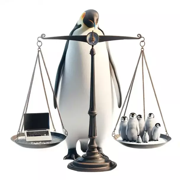 A penguin is standing behind a scale which symbolizes a positive work-life balance