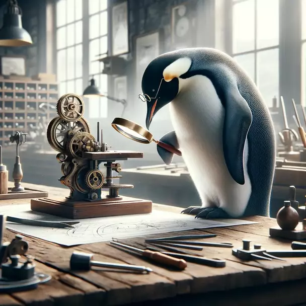 Ein Pinguin betrachtet seine Arbeit unter einer Lupe