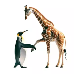 An emperor penguin is shaking hands with a giraffe
