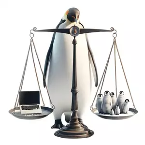 An emperor penguin is standing behind a scale which symbolizes a positive work-life balance