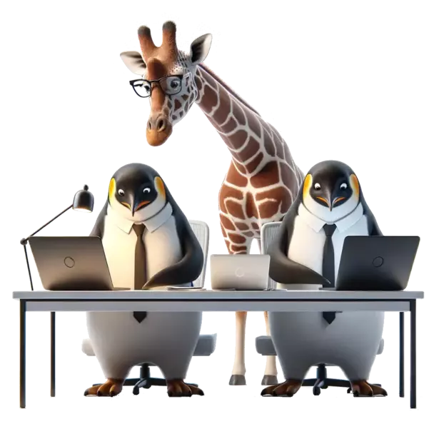 Zwei Pinguine arbeiten an einem Linux-Consulting Projekt