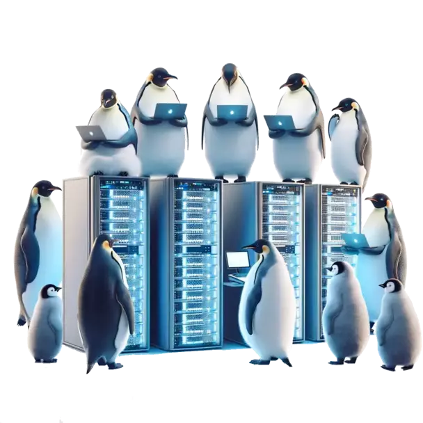 A group of emperor penguins are managing several server racks