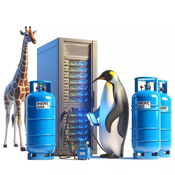 Ein Pinguin installiert eine Feuerlöschanlage in einem Server-Rack