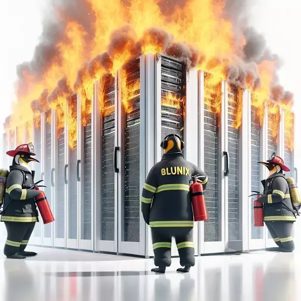 Several Penguins are putting out a burning server rack
