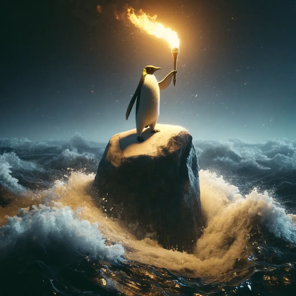 Ein Pinguin steht auf einem Fels in stürmischer See und hält eine Fackel