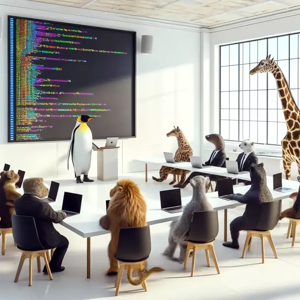 An emperor penguin is teaching a class about Linux
