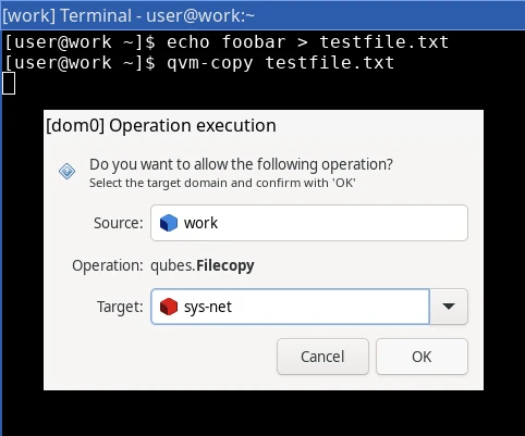 Qubes OS popup window to confirm copying a file