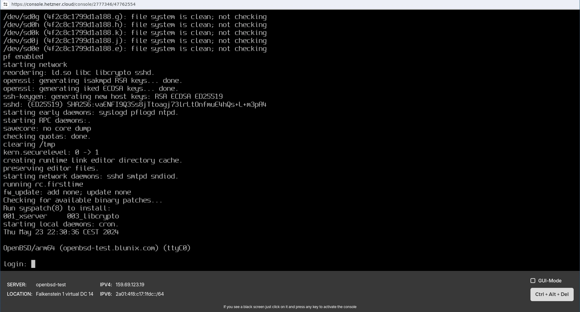 Viewing the booted OpenBSD installation in the KVM web console
