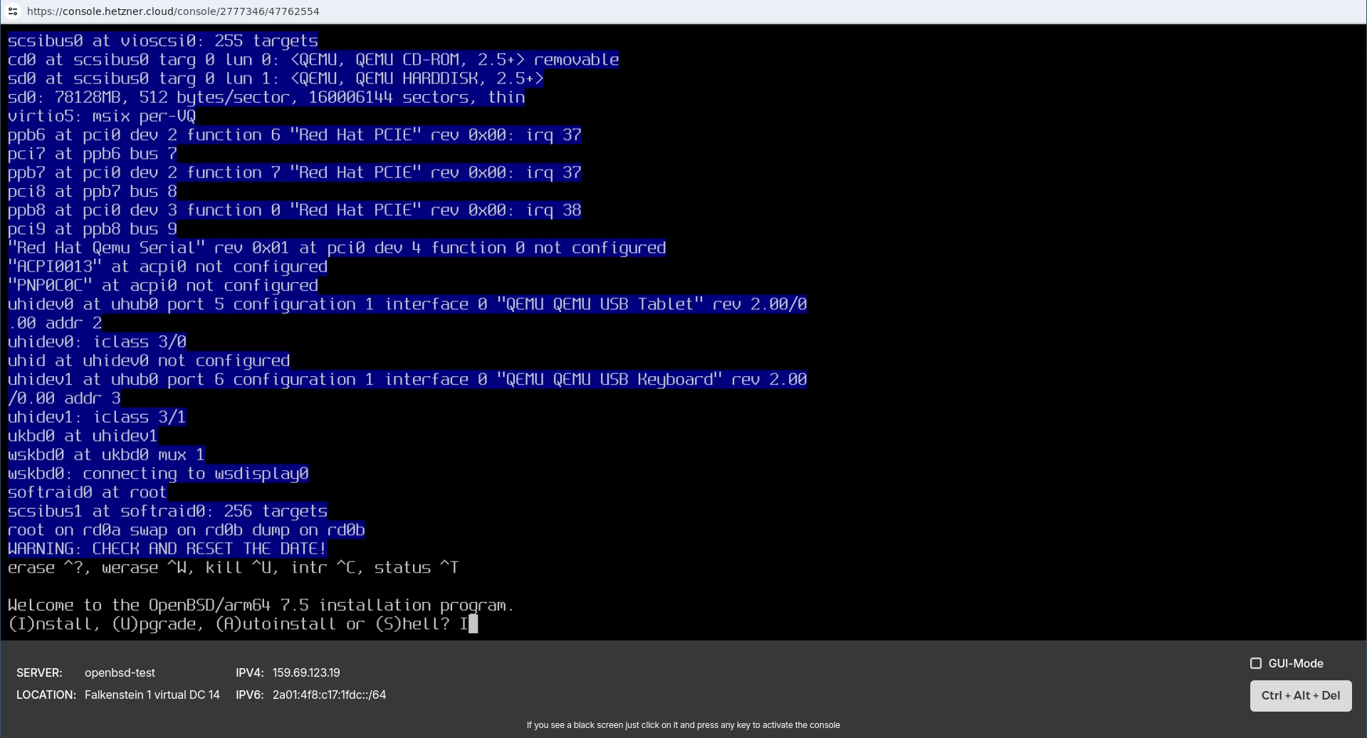Viewing the OpenBSD installer in the Hetzner KVM console